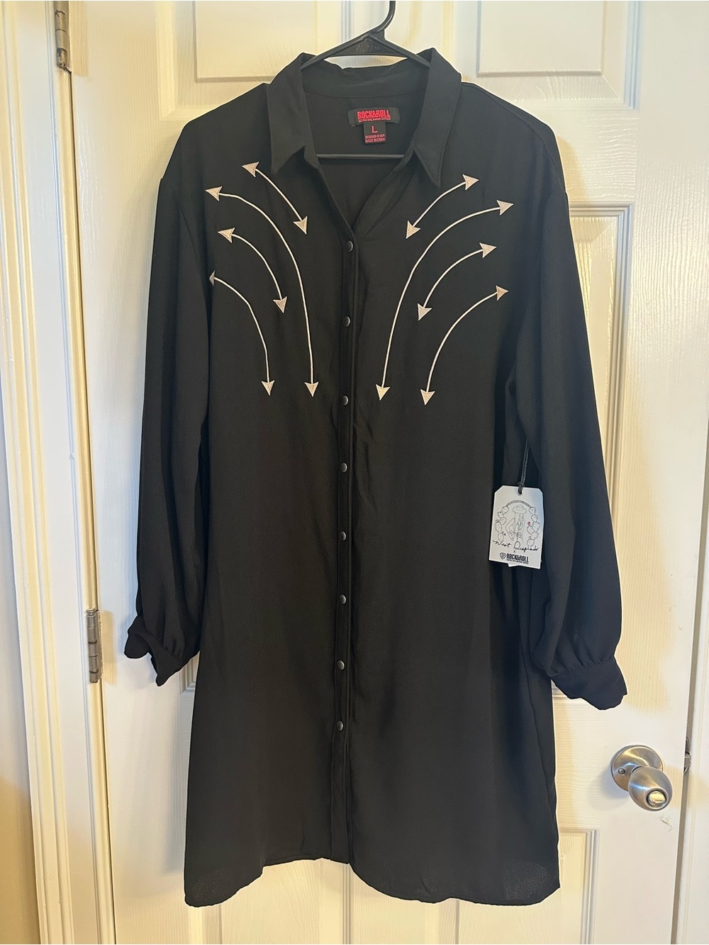 Rock & Roll Cowgirl Black Midi Shirt Dress with White Arrow Embroidery